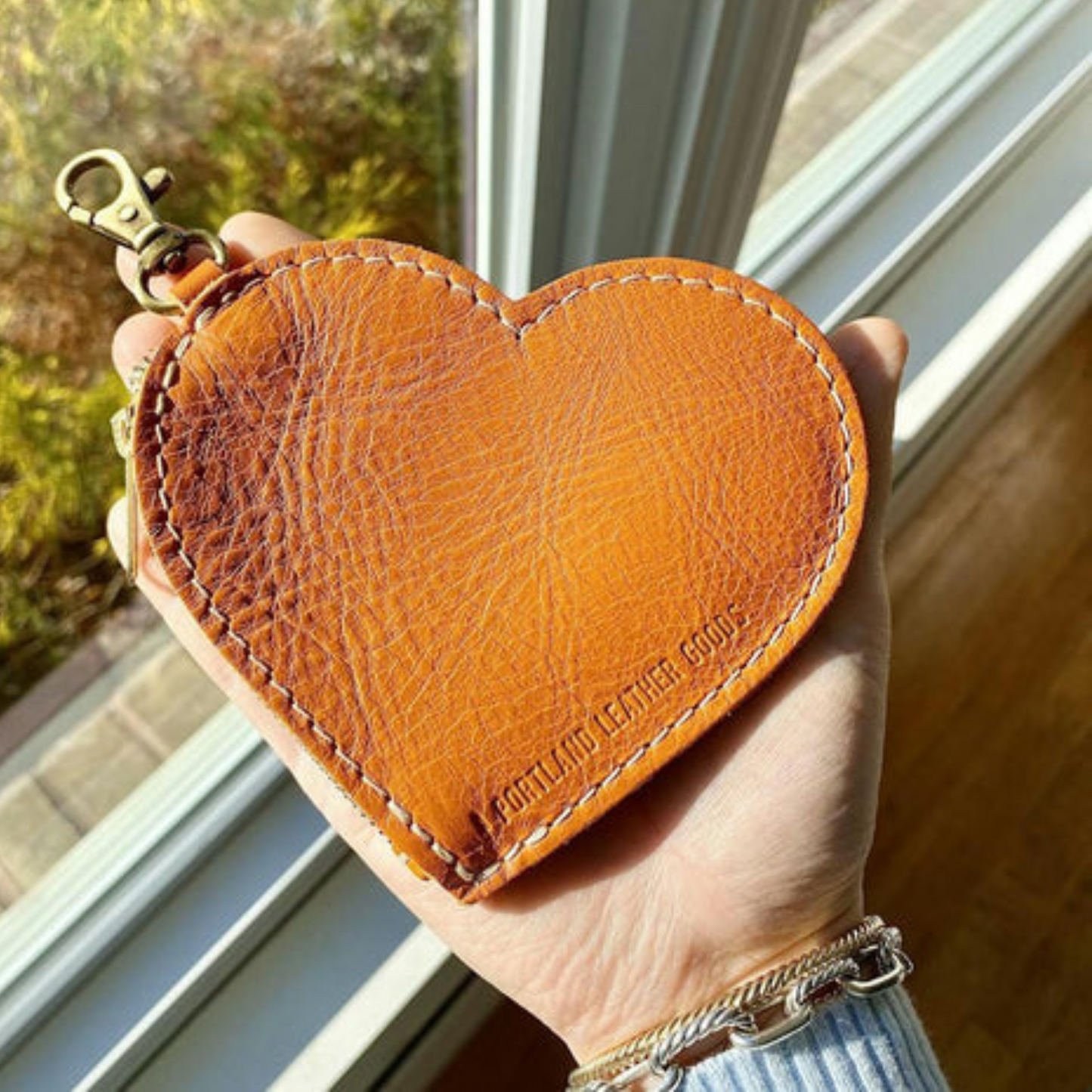 Portland Leather Large Heart Pouch Key Chain with Custom Pet Portrait